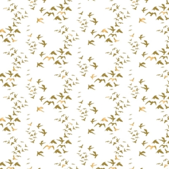 Up, Up & Away Metallic Gold Birds on White Fabric