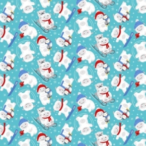 Yeti For Winter Animal Winter Sports on Turquoise Flannel Fabric