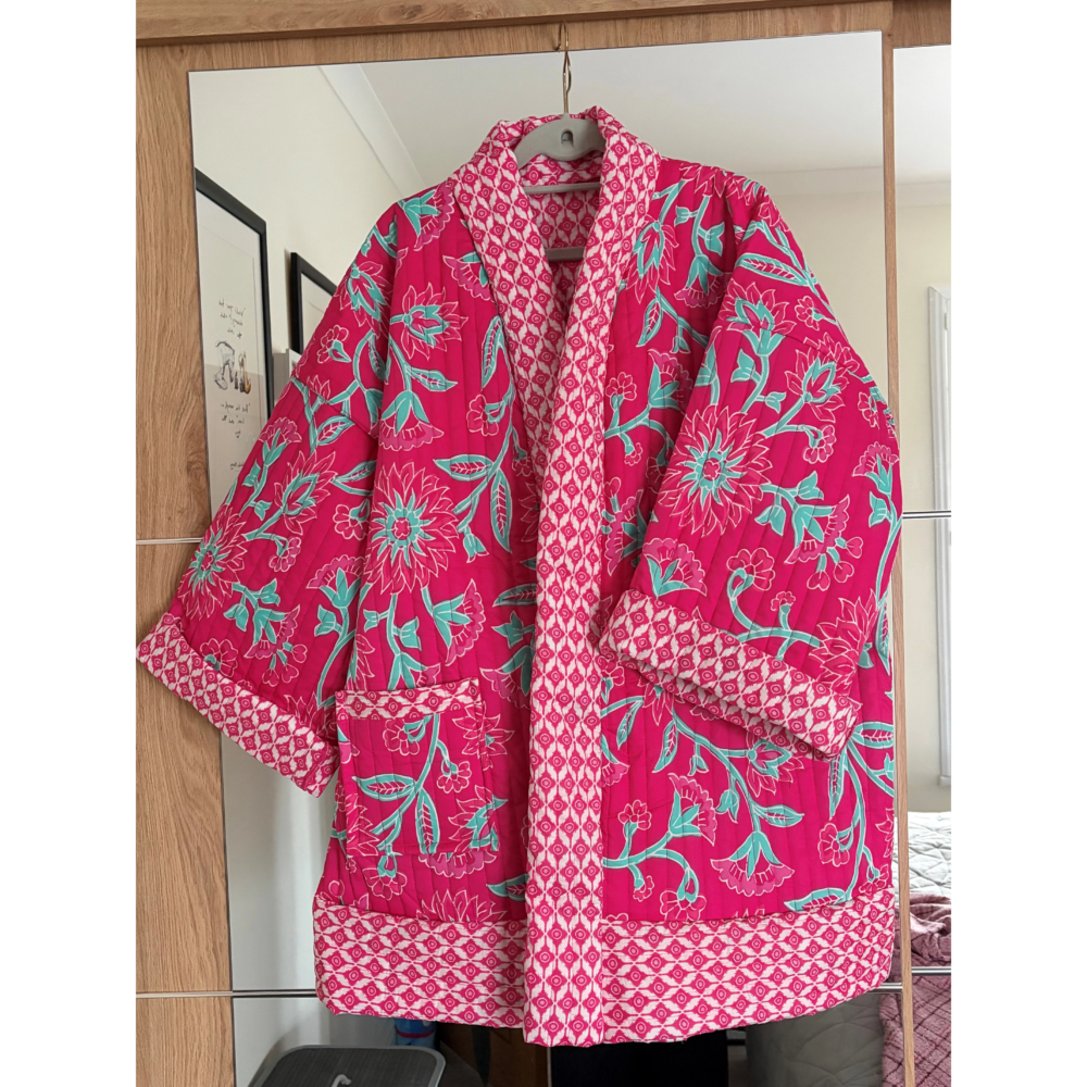 Reversible quilted jacket from modified Mimi G pattern using Garden Mosaic quilted fabric