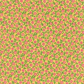 Bliss Pink Floral Vine & Dot on Yellow Fabric