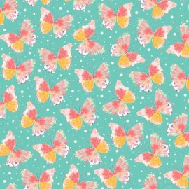 Confetti Blossoms Multi Butterflies on Dark Seafoam Fabric