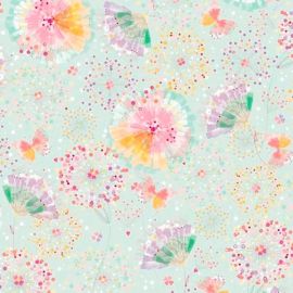Confetti Blossoms Multi Butterflies & Fan Florals on Light Seafoam Fabric
