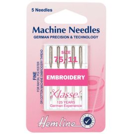 Hemline H108.75 | Sewing Machine Needles | Embroidery | Fine 75/11 | 5 Pieces