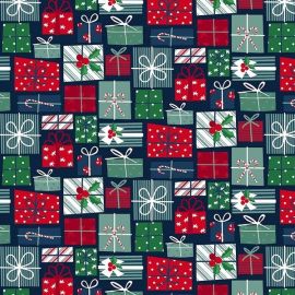 Fa La La Christmas Presents on Navy Fabric
