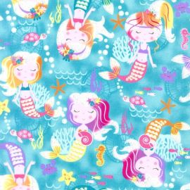 Mermaid Wishes Mermaids & Sea Creatures on Blue Fabric