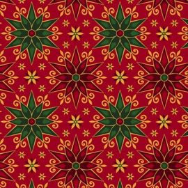 Miracle in Bethlehem Geo Poinsettias on Red Fabric