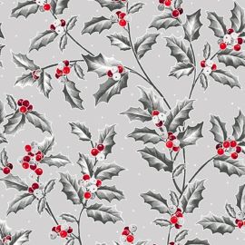 Pretty Poinsettias Holly Vine on Grey Fabric
