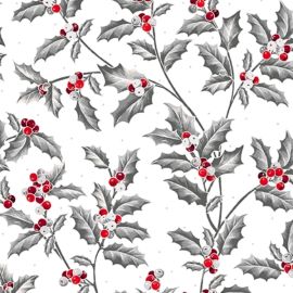 Pretty Poinsettias Holly Vine on White Fabric