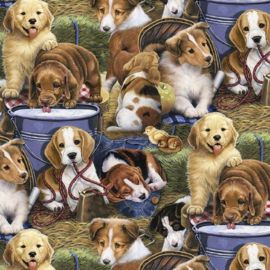 Puppies In The Barn Fabric