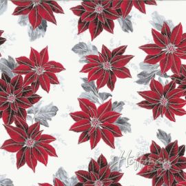 Red Floral & Metallic Silver Frost Winter Blossom Fabric