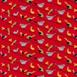 Retro Minis Birds on a Wire on Red Fabric