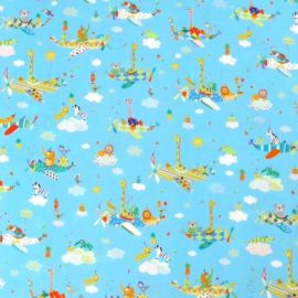 Safari in The Sky Animals In Planes on Blue Fabric