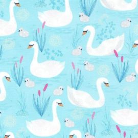Swans on The Lake Turquoise Fabric
