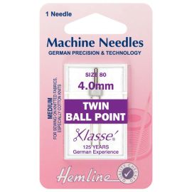 Hemline H111.40 | Sewing Machine Needles |  Twin Ball Point: 80/12, 4mm: 1 Piece Twin Needles