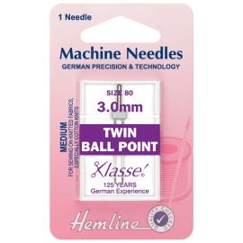Hemline H111.30 | Sewing Machine Needles |  Twin Ball Point: 80/12, 3mm: 1 Piece Twin Needles