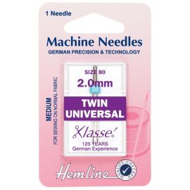 Hemline H110.20 | Sewing Machine Needles |  Twin Universal: 80/12, 2.0mm: 1 Piece Twin Needles