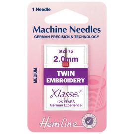 Hemline H114.20 | Sewing Machine Needles |  Twin Embroidery: 75/11, 2.0mm: 1 Piece Twin Needles