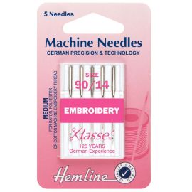 Hemline H108.90 | Sewing Machine Needles |  Embroidery: Medium 90/14: 5 Pieces Embroidery Needles