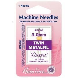 Hemline H119.30 | Sewing Machine Needles |  Metalfil Twin: 80/12, 3mm: 1 Piece Twin Needles