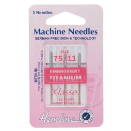 Hemline H108.T | Sewing Machine Needles |  Titanium: Embroidery: 75/11: 3 Pieces Embroidery Needles