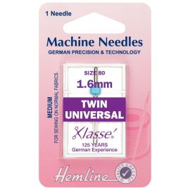 Hemline H110.16 | Sewing Machine Needles |  Twin Universal: 80/12, 1.6mm: 1 Piece Twin Needles