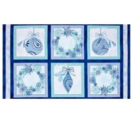 Winter Frost Christmas Ornaments & Wreath Blue Fabric Panel