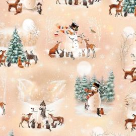 Woodland Friends Winter Scenery on Light Taupe Fabric